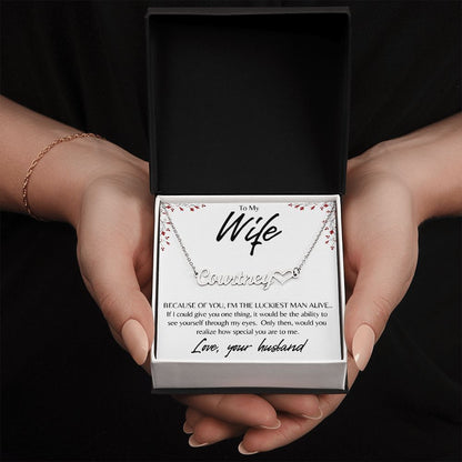 TO MY WIFE NAME NECKLACE & HEART W/MC, BIRTHDAY GIFT, VALENTINE'S GIFT, CHRISTMAS GIFT - Personalize w/name