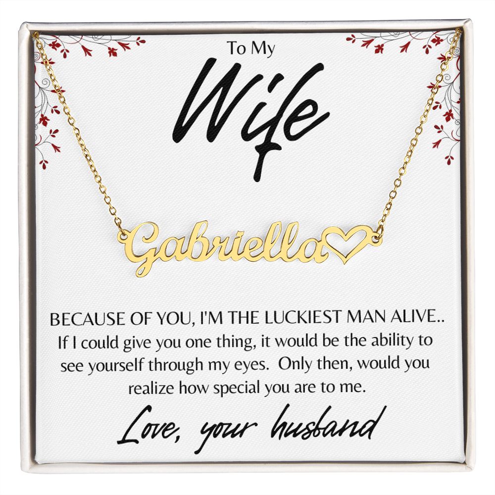 TO MY WIFE NAME NECKLACE & HEART W/MC, BIRTHDAY GIFT, VALENTINE'S GIFT, CHRISTMAS GIFT - Personalize w/name