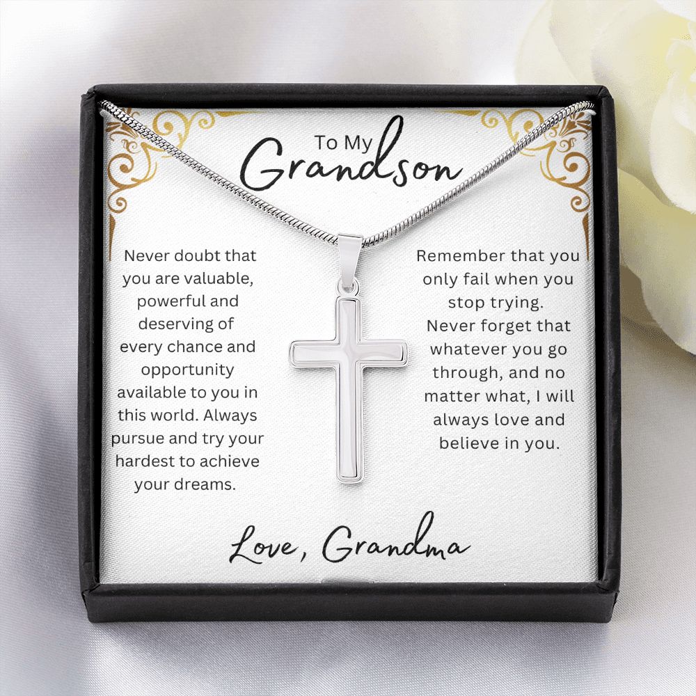 TO MY GRANDSON STAINLESS STEEL CROSS NECKLACE W/BALL CHAIN & MC, BIRTHDAY GIFT, CHRISTMAS GIFT, GRADUATION GIFT