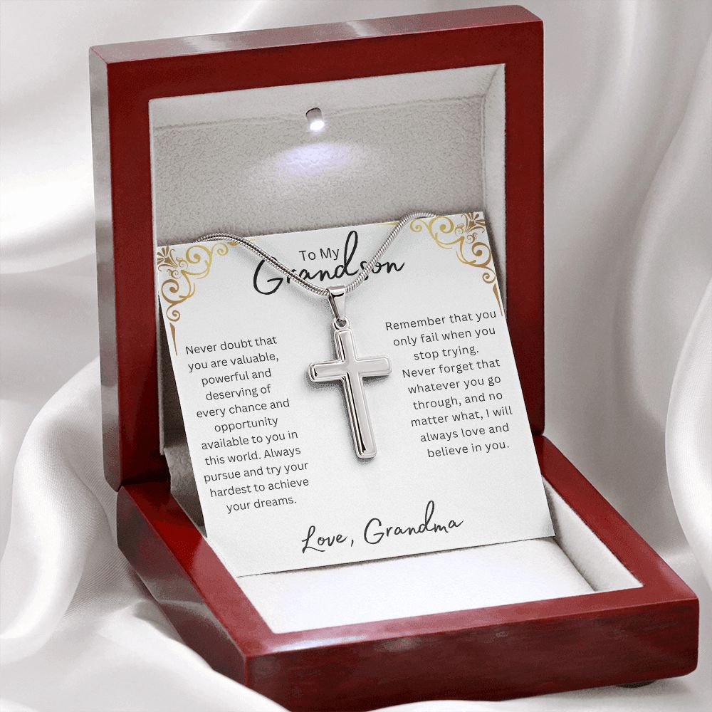 TO MY GRANDSON STAINLESS STEEL CROSS NECKLACE W/BALL CHAIN & MC, BIRTHDAY GIFT, CHRISTMAS GIFT, GRADUATION GIFT